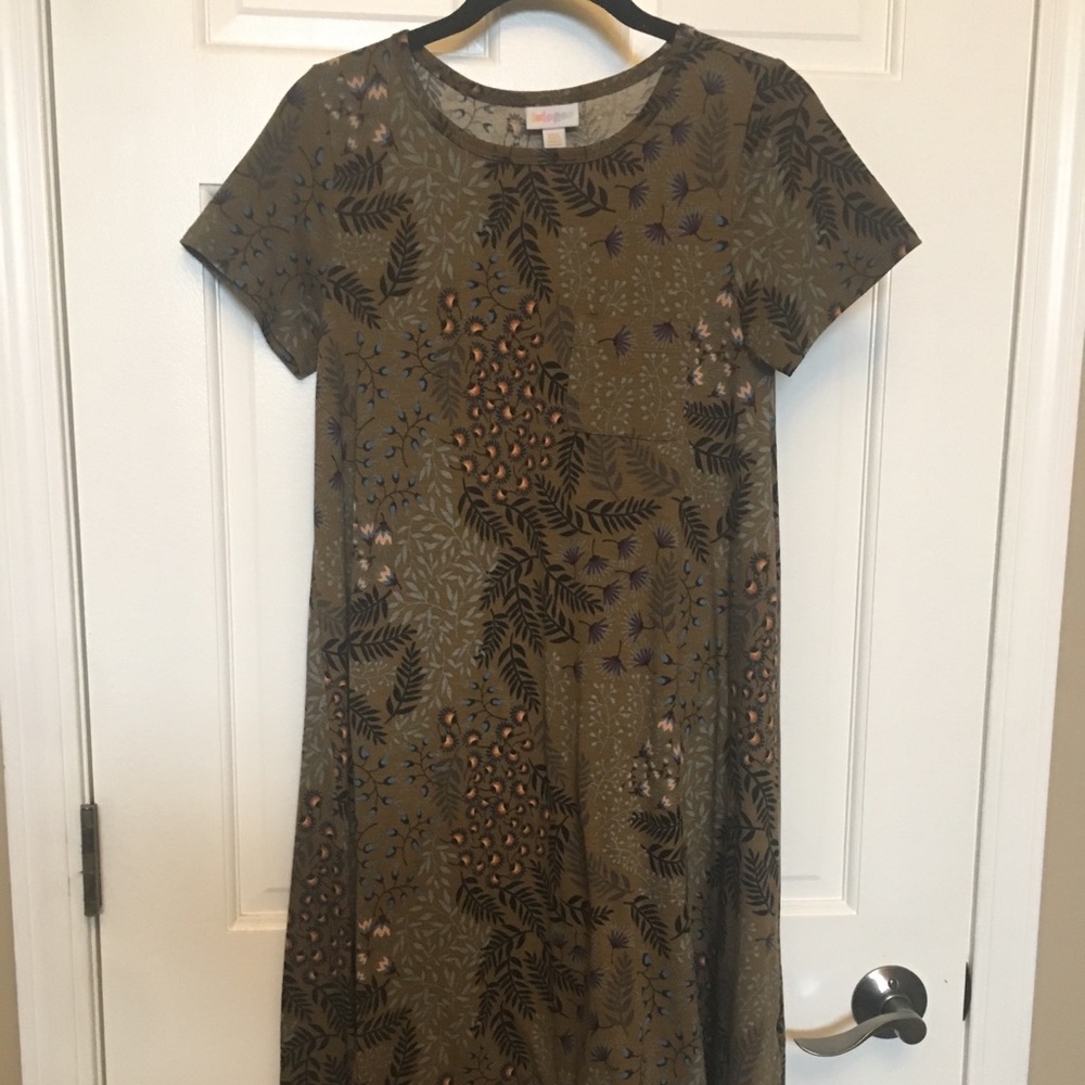 LuLaRoe Olive Green Floral & Leopard Print Carly Dress
